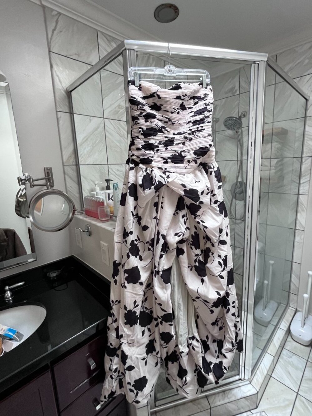 New York & Co Black & Ivory Strapless Ruched Bodice Rose High Low Gown - L - Picture 8 of 11